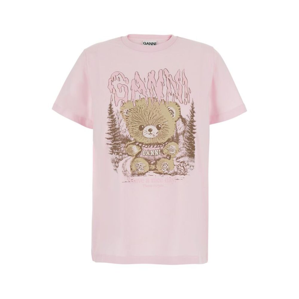 Ganni Women T-Shirt Pink With Round Neck And Short Sleeves In Cotton Women